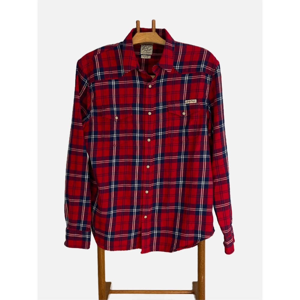 Lucky Brand Plaid Western Shirt Mens XL Red Navy Blue Pearl Snap Long Sleeve